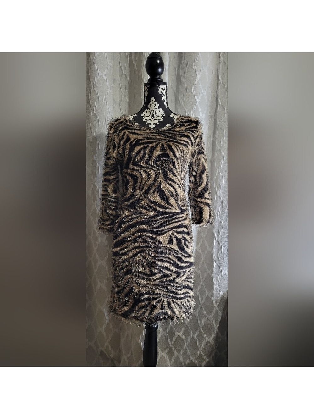 Adore | Tan and Black Zebra Print Eyelash Party Dress